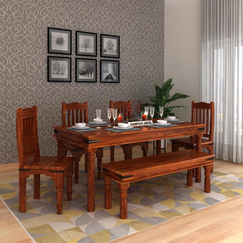 Sheesham Wood 6 Seater Jaipur Dining Table Set Natural Finish with Chairs - Image 9