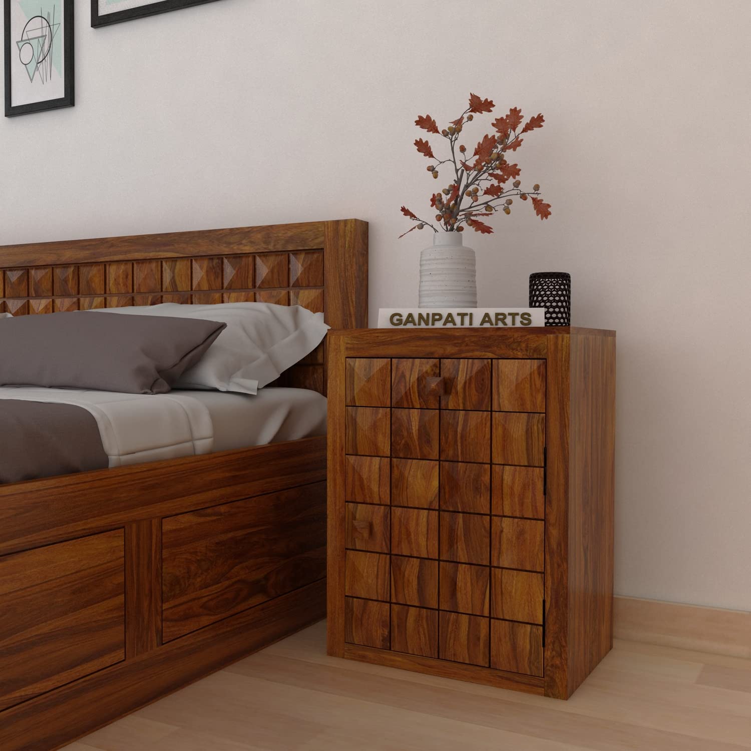 Premium Sheesham Wood Bedside Table with Storage Drawers Natural Finish - Image 7