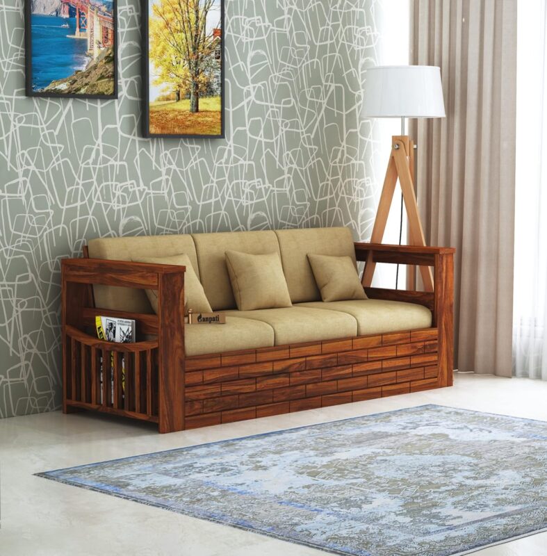 Solid Sheesham Wood Cherish 3 Seater Sofa Natural Brown Cushioned - Image 6