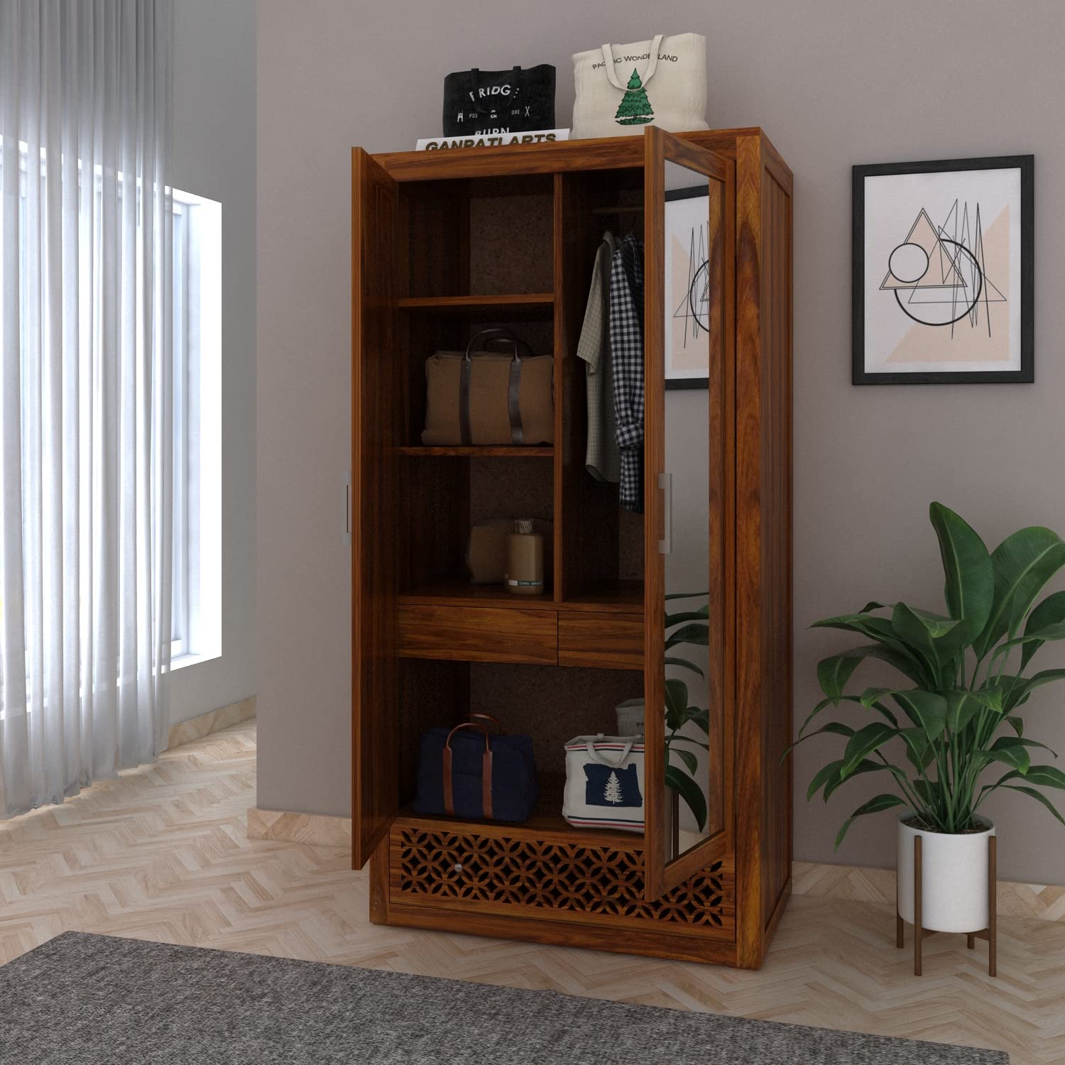 Wooden Wardrobe with Drawer in Solid Wood Modern Design Spacious - Image 6