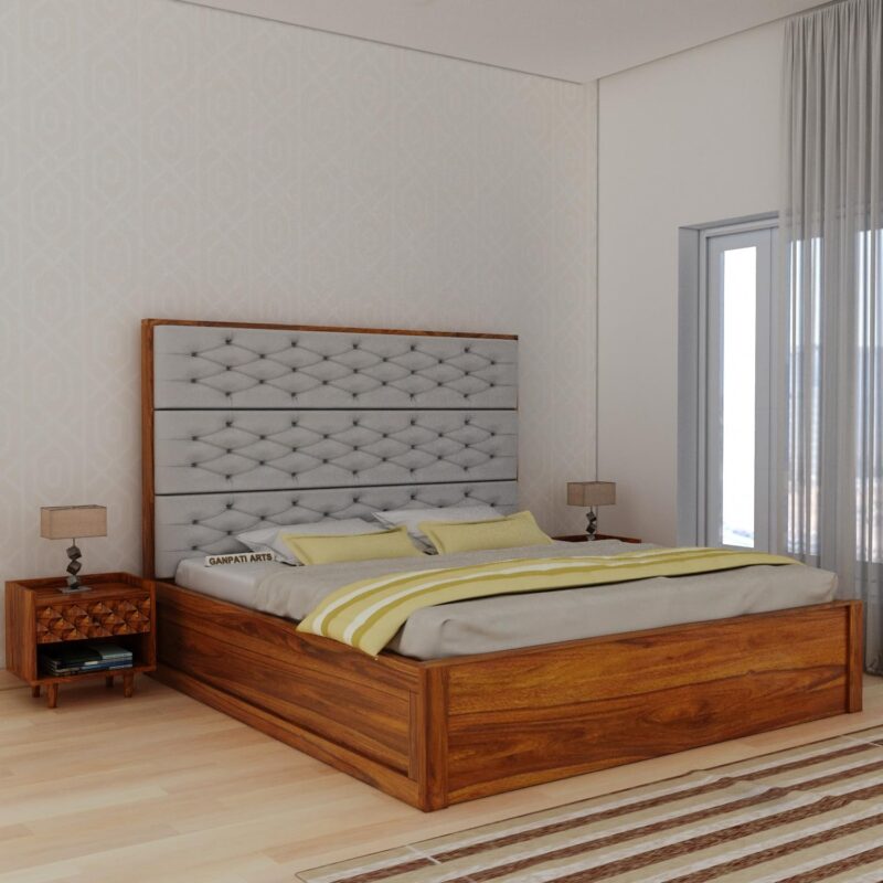 Ganpati Arts sheesham wood queen size bed with box storage, natural finish