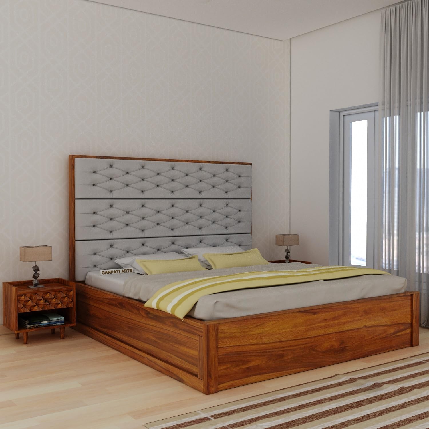 71fLHc9g-cL._SL1500_.jpg Ganpati Arts Sheesham Wood Queen Size Bed with Box Storage for Bedroom - Image 1