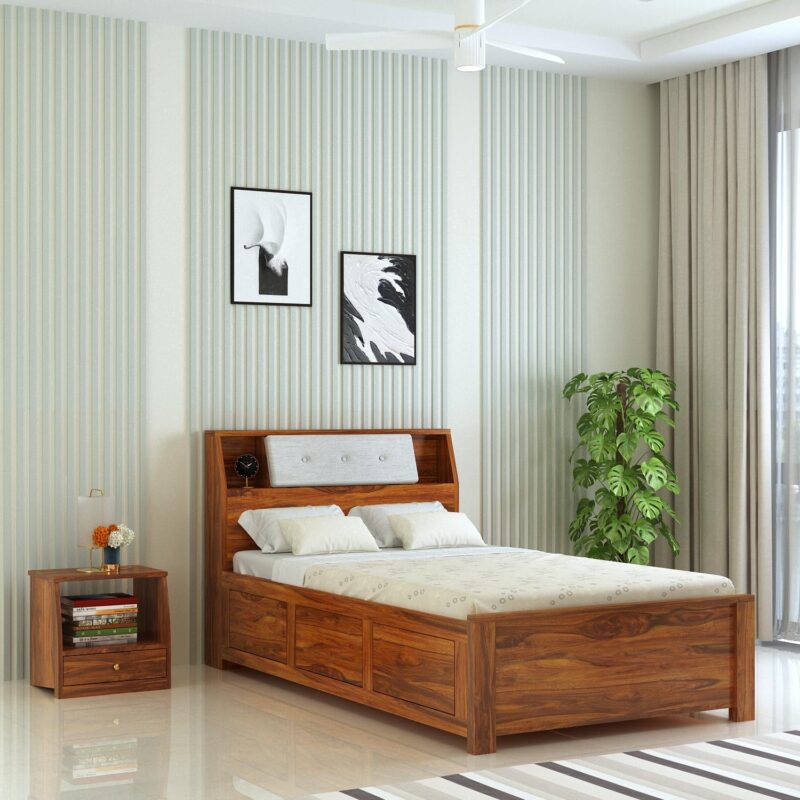 Sheesham wood 4 feet bed with box storage and large headrest