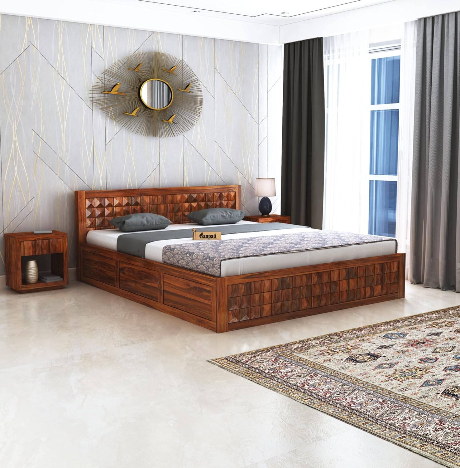 81qumqORerL._SL1500_.jpg Solid Sheesham Wood Queen Size Bed with Storage | Honey Finish - Image 1