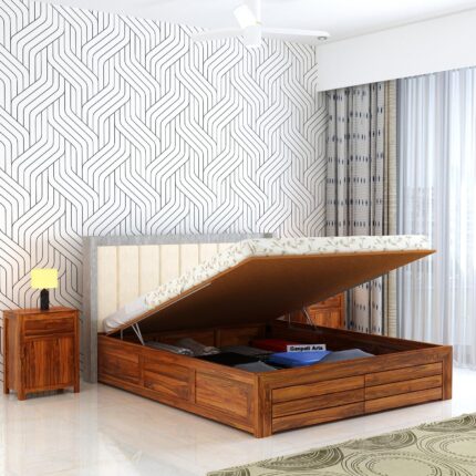 Solid Sheesham Wood Hynes King Size Bed with Hydraulic Box Storage and Upholstered Headboard