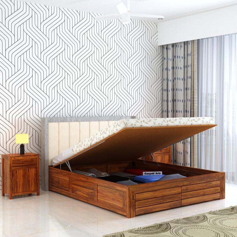 Solid Sheesham Wood Hynes King Size Bed with Hydraulic Box Storage and Upholstered Headboard - front view