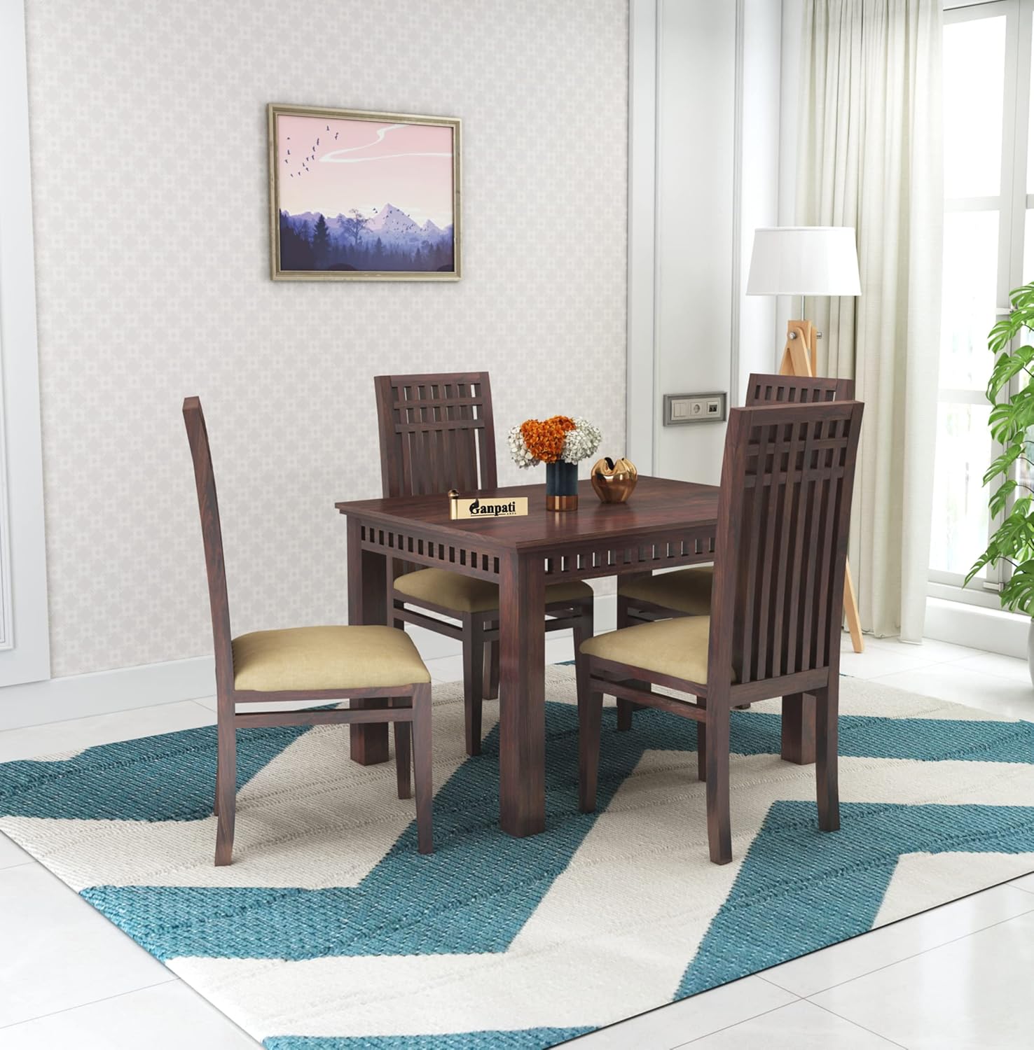 81hBm5ZaMgL._SL1500_.jpg Ganpati Arts Armania Sheesham Wood 4 Seater Dining Table with Cushioned Chairs Wooden Furniture for Dining Room Home (Walnut Finish) 1 Year Warranty - Image 1
