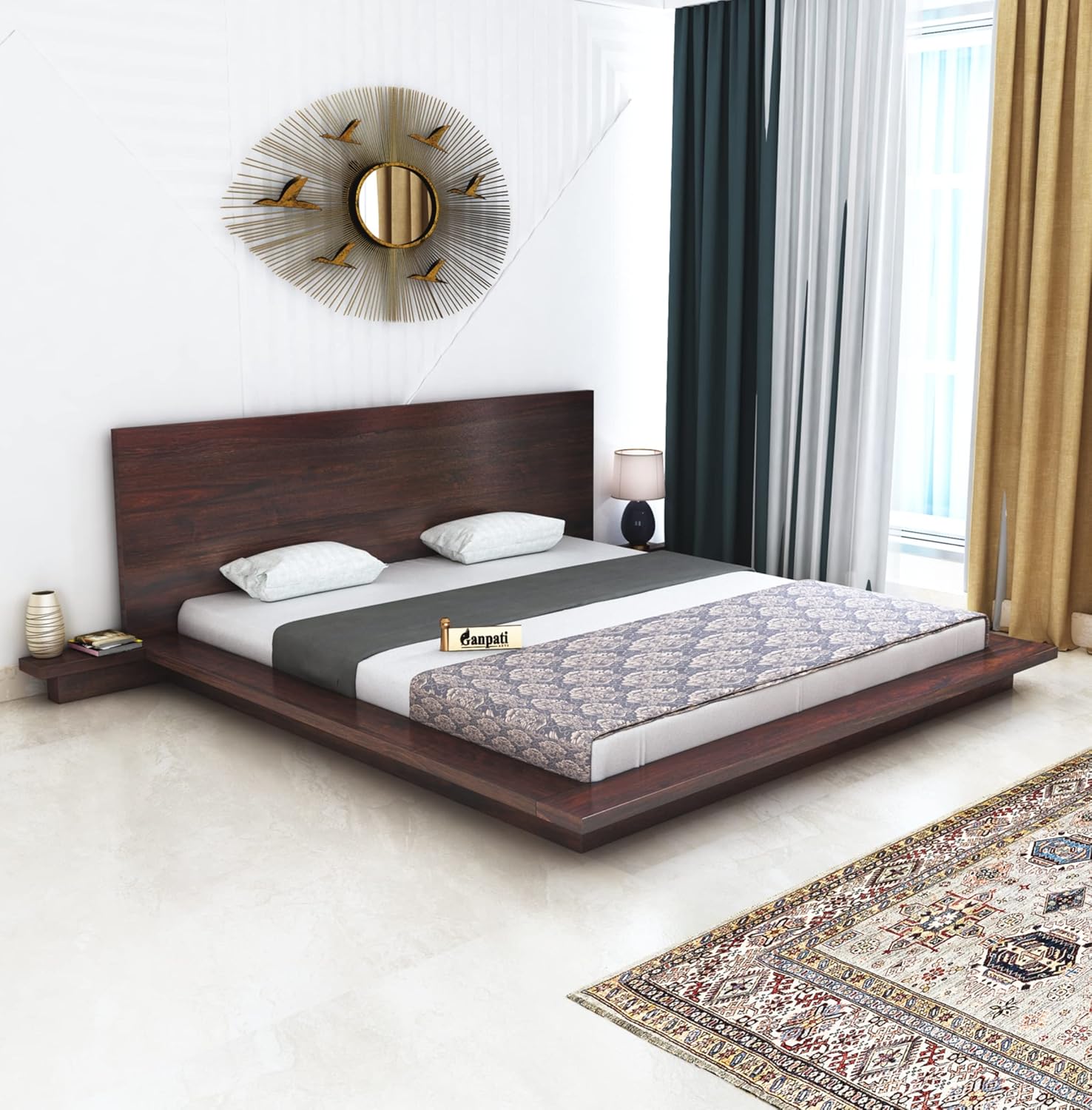 817IeVdNBWL._SL1500_.jpg Ganpati Arts Sheesham Wood King Size Platform Bed with Bedside Table for Bedroom Living Room Home Solid Wood Palang Double Bed Without Storage 1 Year Warranty (Walnut Finish) - Image 1