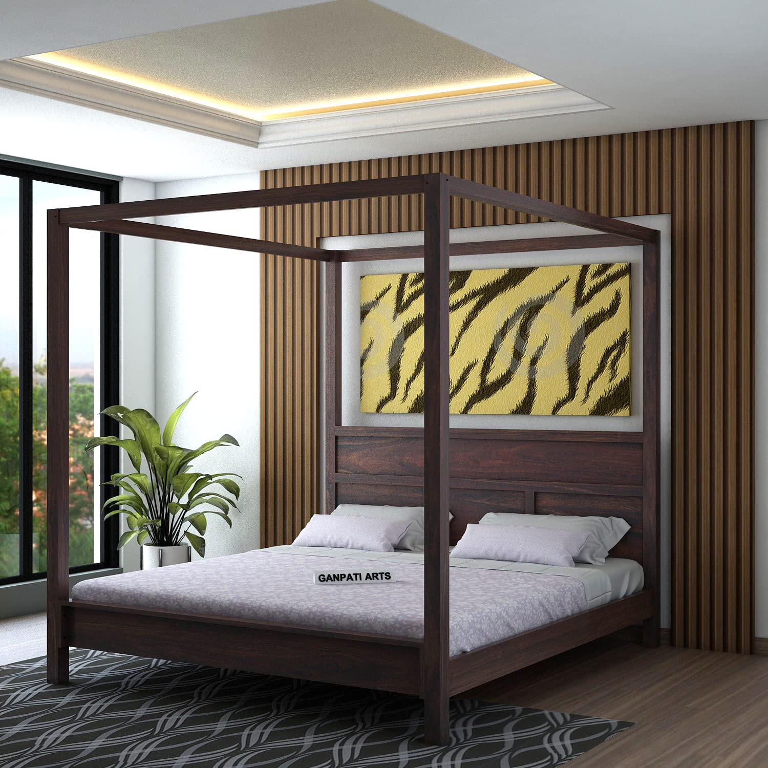 81EHI-y59qL._SL1500_.jpg Ganpati Arts Solid Sheesham Wood Grand Poster King Size Bed for Bedroom Living Room Home Double Bed Furniture (Walnut Finish) 1 Year Warranty - Image 1
