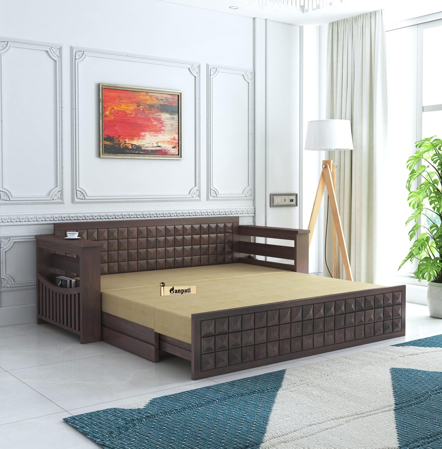 81PoSyXNEL._SL1500_.jpg Ganpati Arts Solid Sheesham Wood 3 Seater Diamond Sofa Cum Bed with Storage and Side Pockets Wooden Sofa Bed for Home - (Walnut Finish) - Image 1