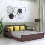 Ganpati Arts Solid Sheesham Wood Wave 3 Seater Sofa Cum Bed with Footboard and Side Pockets for Storage Wooden Sofa Furniture for Living Room Home (Walnut Finish)