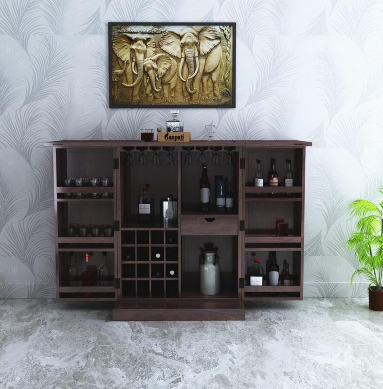 Sheesham wood mini bar cabinet with wine storage and glass holder