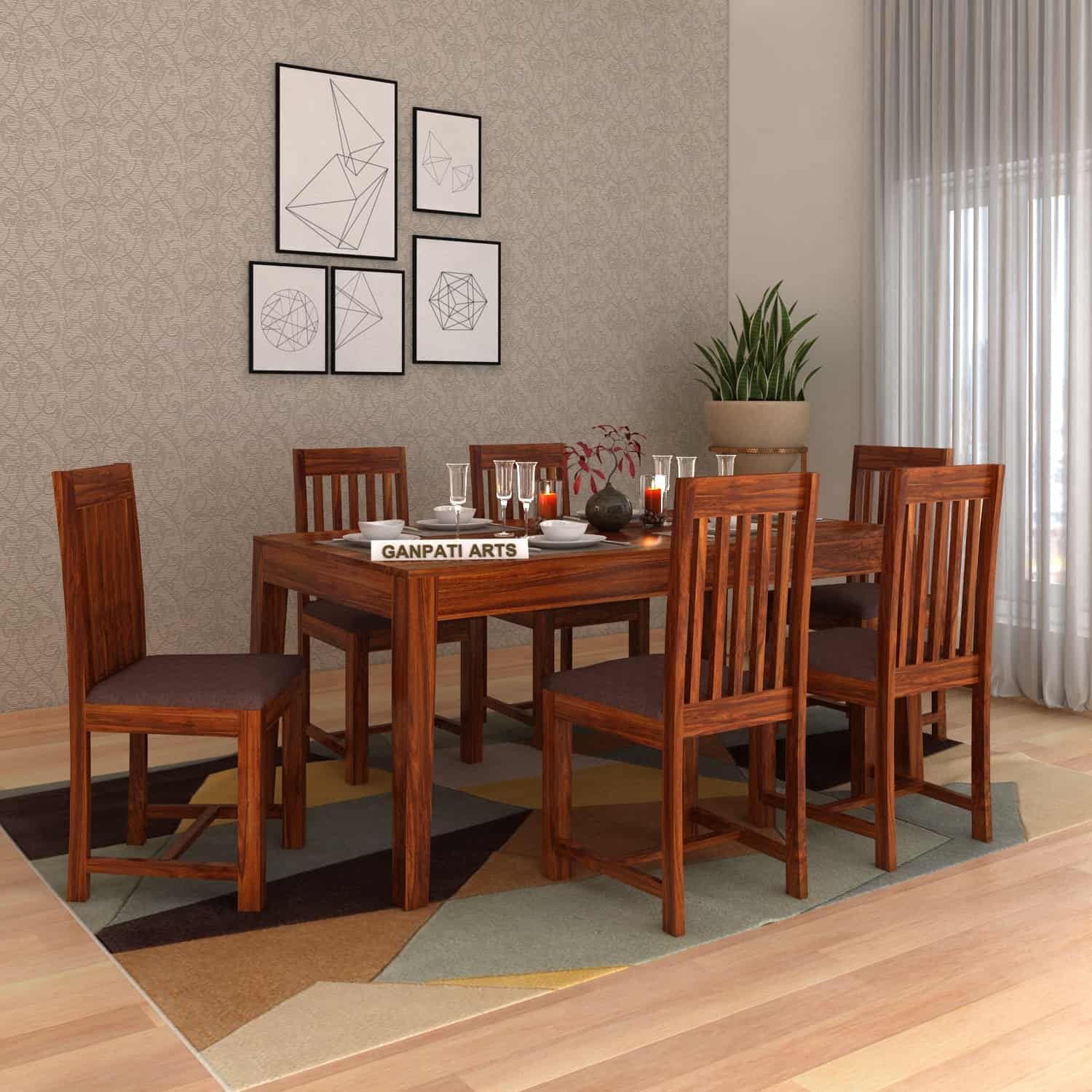 71BtlIMsOUL._SL1500_.jpg Ganpati Arts Solid Sheesham Wood 6 Seater Dining Table Set (Natural Finish) - Image 1