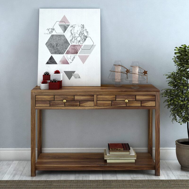 console table styling guide - Sheesham wood console table console table styling guide - Ganpati Arts solid Sheesham wood console table in teak finish for entryway