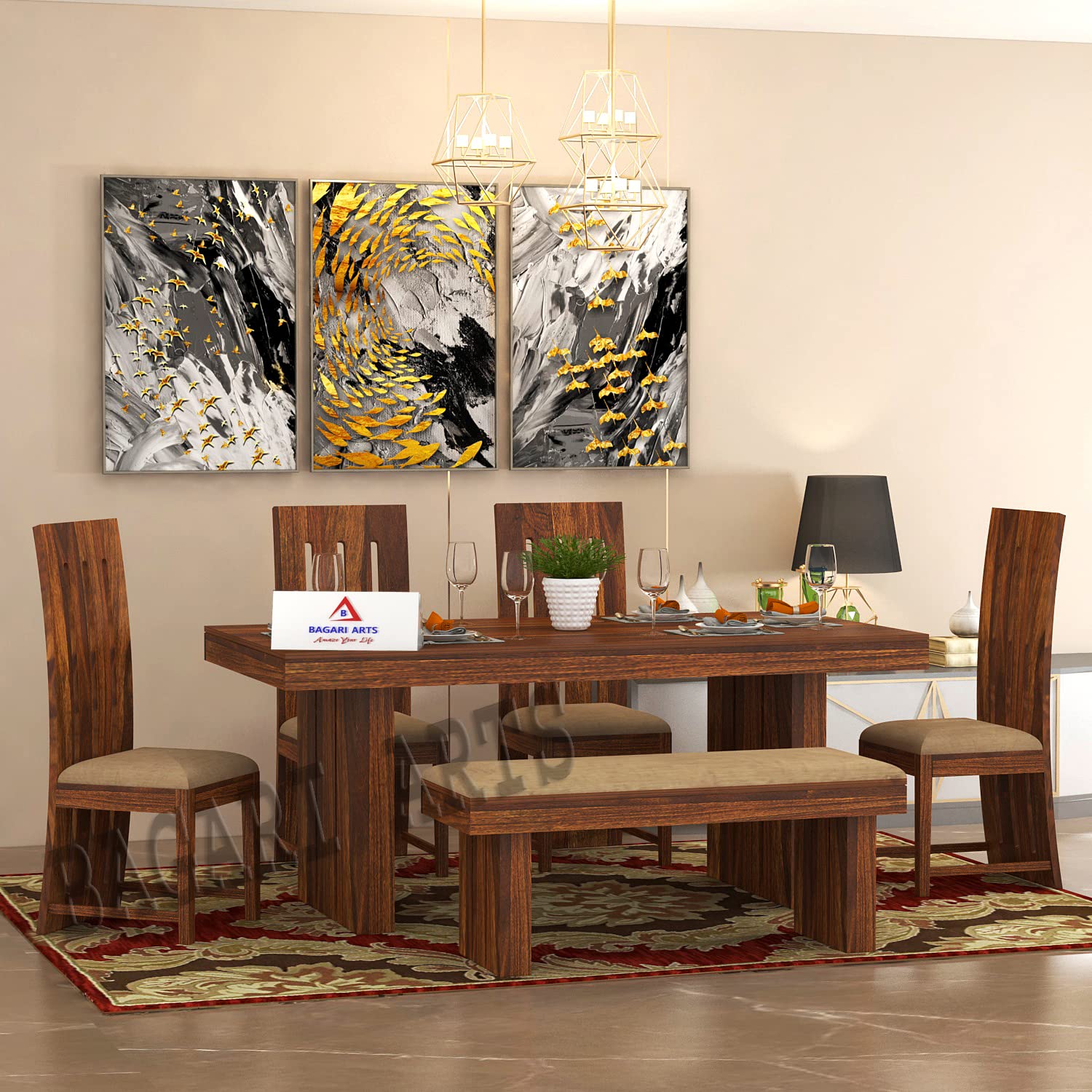 81oNuCEf3xL._SL1500_.jpg Wooden 6 Seater Dining Table with Chairs - Image 1