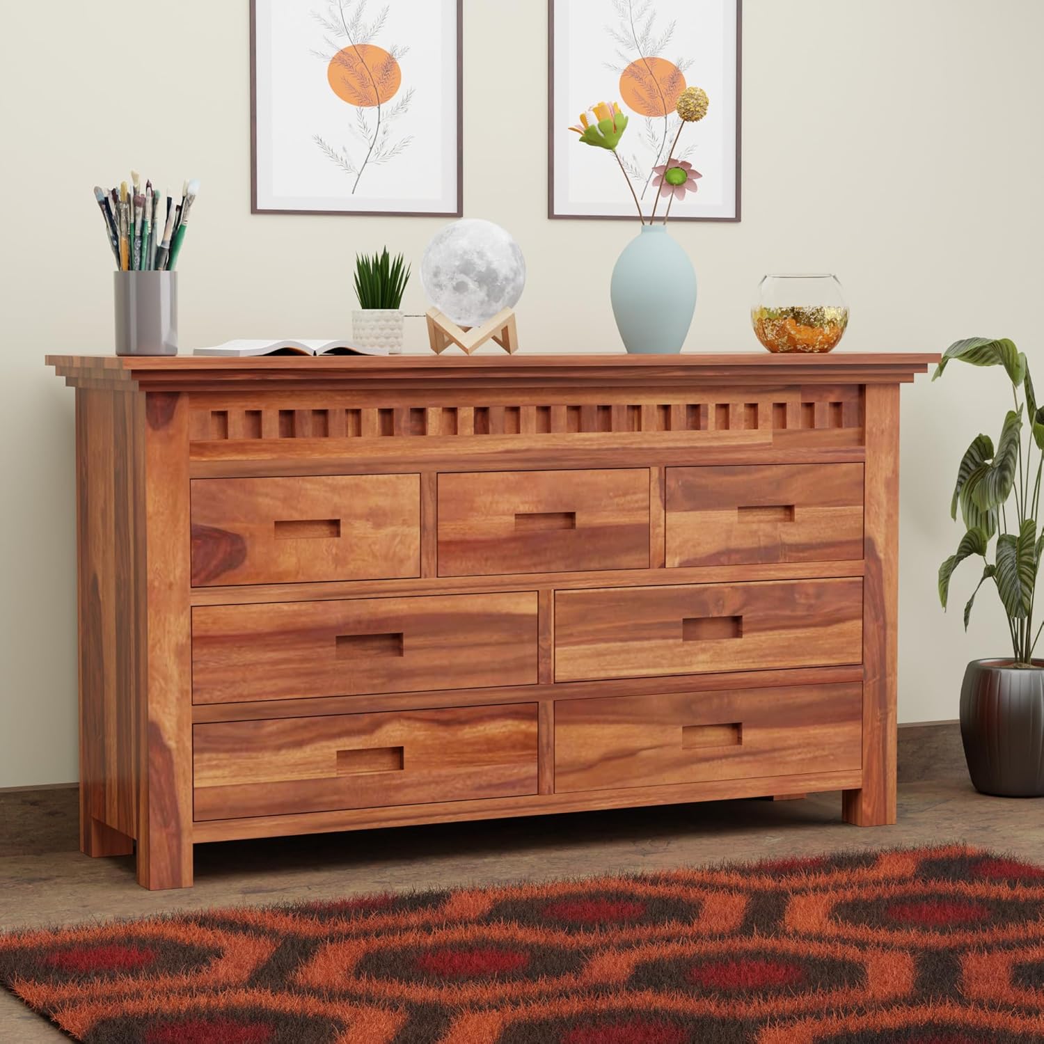 81aeaMRKqIL._SL1500_.jpg Solid Sheesham Wood Natural 7 Drawers Cabinet, Storage Organizer Sideboard, Kitchen Chest, Cupboard Furniture for Bedroom, Living Room, Home & Office - Image 1
