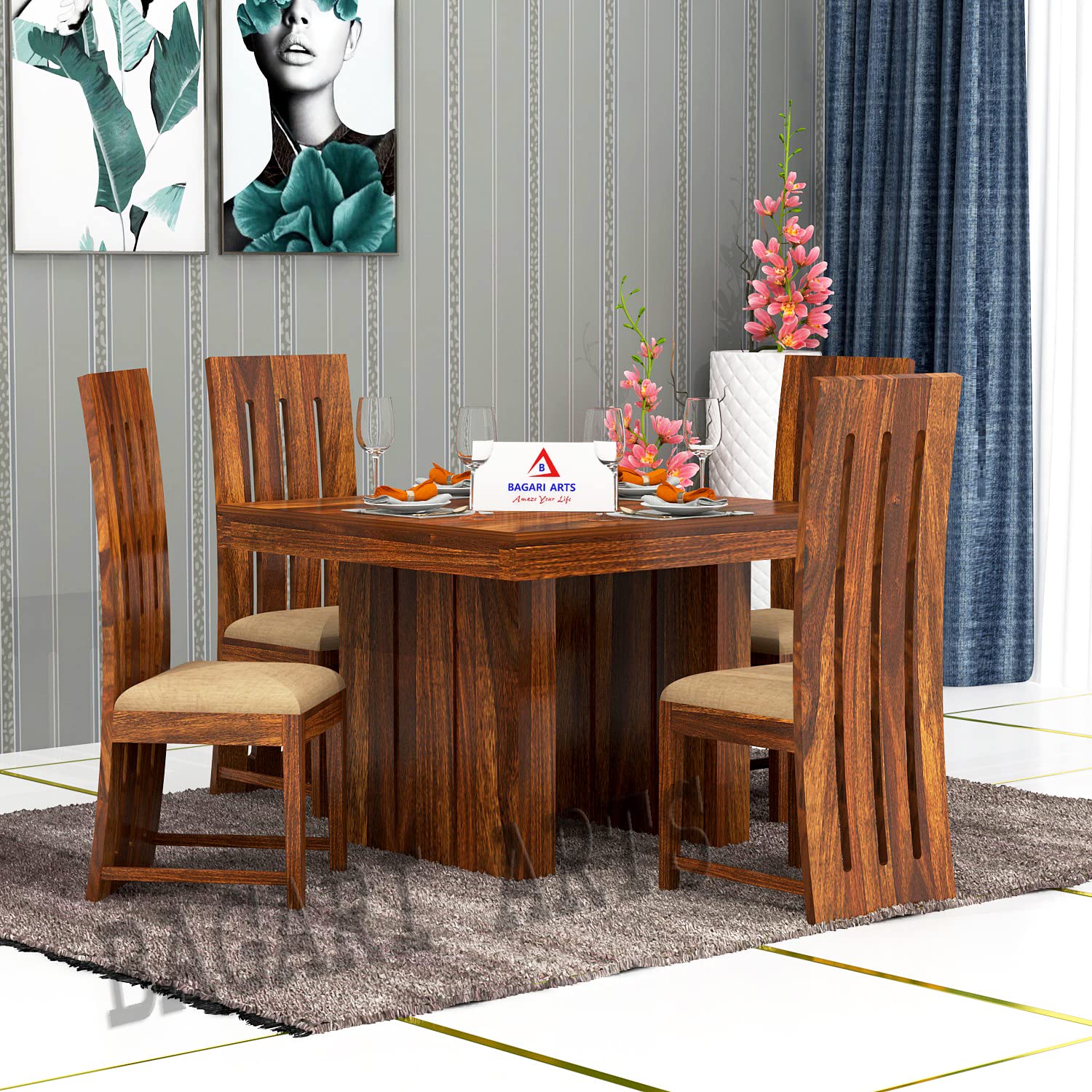 819bqhpLRXL._SL1500_.jpg Solid Sheesham Wood 4 Seater Dining Table (Teak Finish) - Image 1
