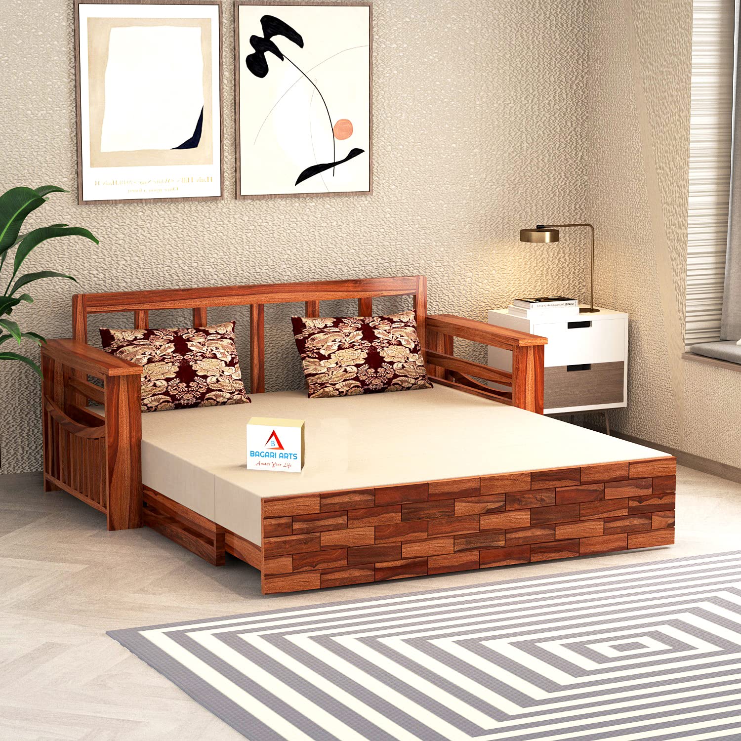 81qYnK8rofL._SL1500_.jpg Solid Wood 3 Seater Sofa Cums Bed for Living Room Sofa Cum Bed with Storage Foldable (Honey Finish), 3-Person Sofa, Ivory - Image 1