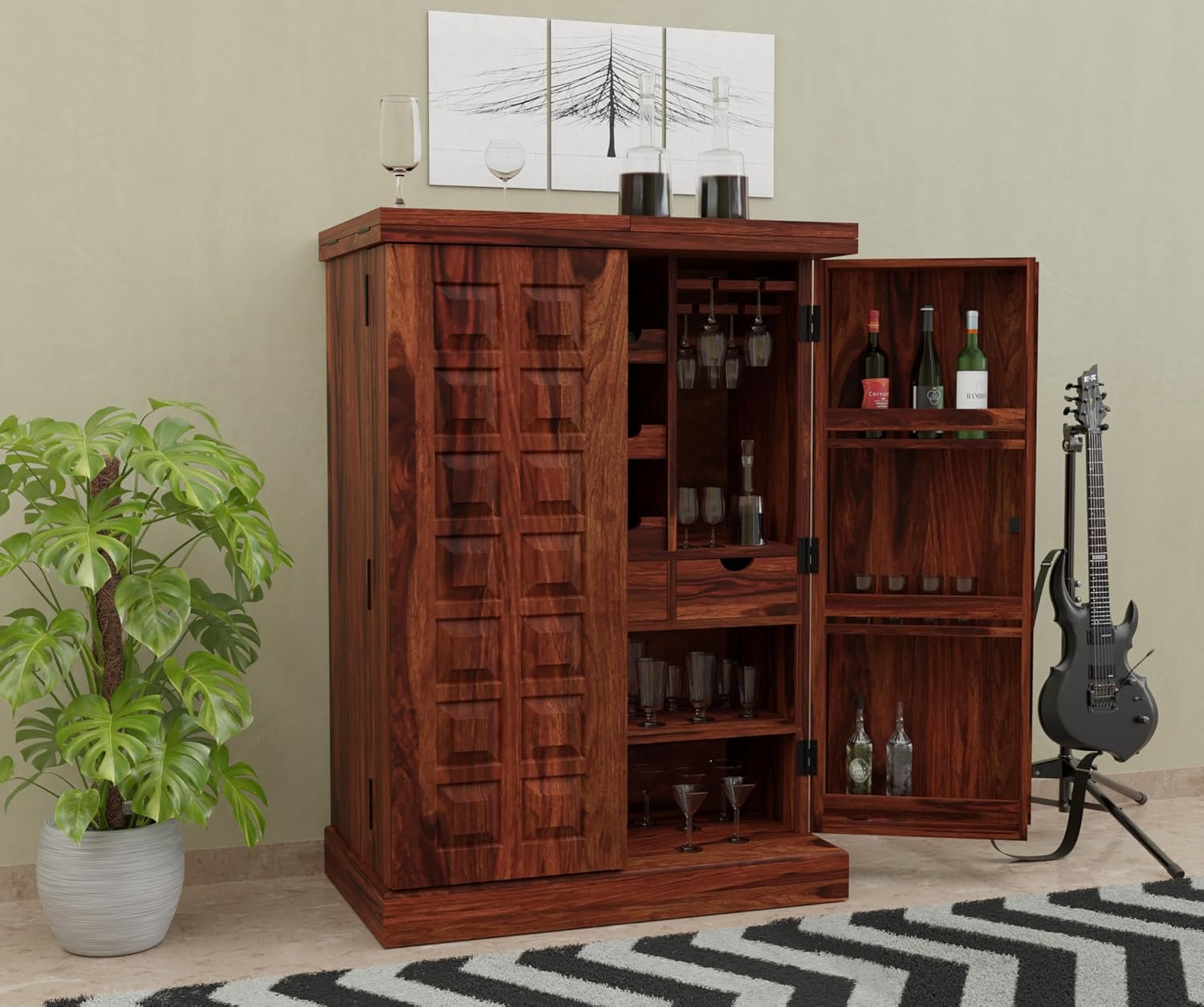 81mWZI0HLcL._SL1500_.jpg Sheesham Wood Bar Cabinet with Storage Wooden Bar Units for Home Living Room (Honey Finish) - Image 1