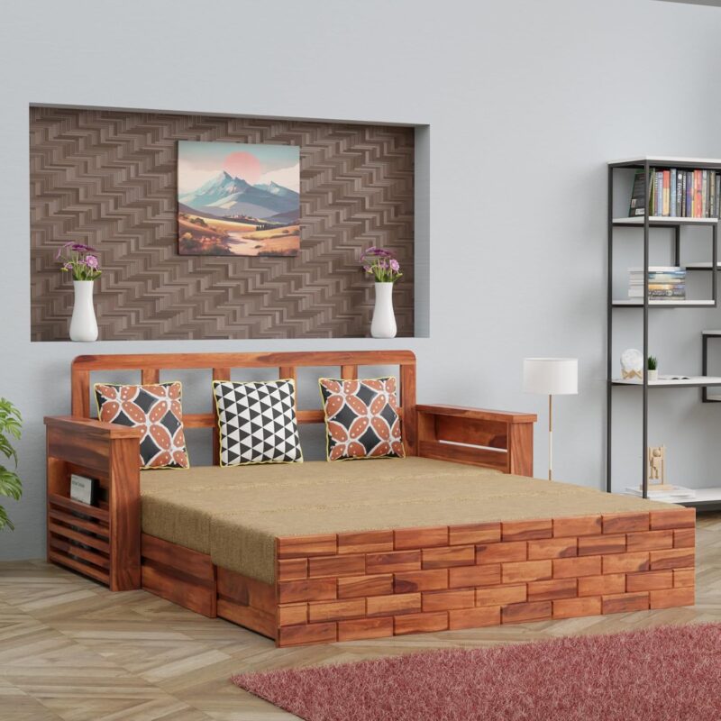 sheesham wood sofa cum bed with storage and cushions