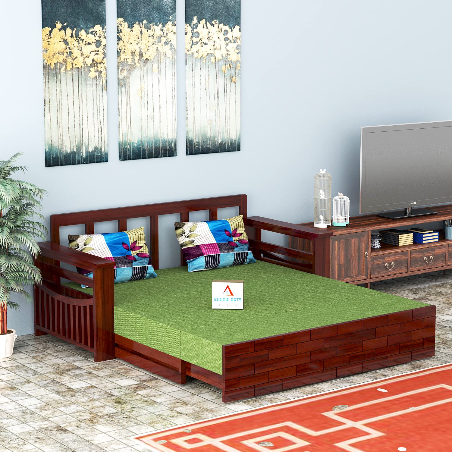 813ewjzEpzL._SL1500_.jpg Sheesham Teak Wood 3 Seater Sofa Cums Bed for Home Sofa Cum Bed with Storage (Mahogany Finish) - Image 1