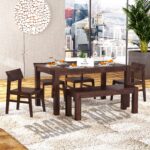 6 Seater Dining Table with 4 Chair 1 Bench for Living Room Home Wooden Dining Table Set Furniture (Walnut Finish)