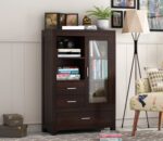 Wooden Book Shelf & Chest of Drawers for Home Library Book Shelf Cabinet with Glass Door 2 Drawer Storage Home Office Living Room Book Shelves Open Bookcase Books Rack (Walnut)