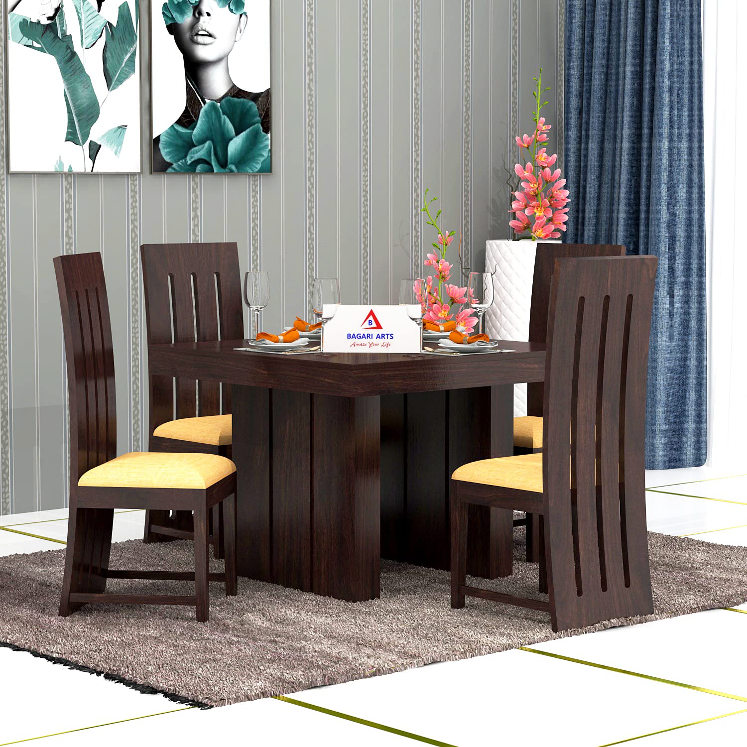 815AUt6HElL._SL1500_.jpg Wooden Solid Sheesham Wood Dining Table 4 Seater Dining Table with Chairs - Image 1