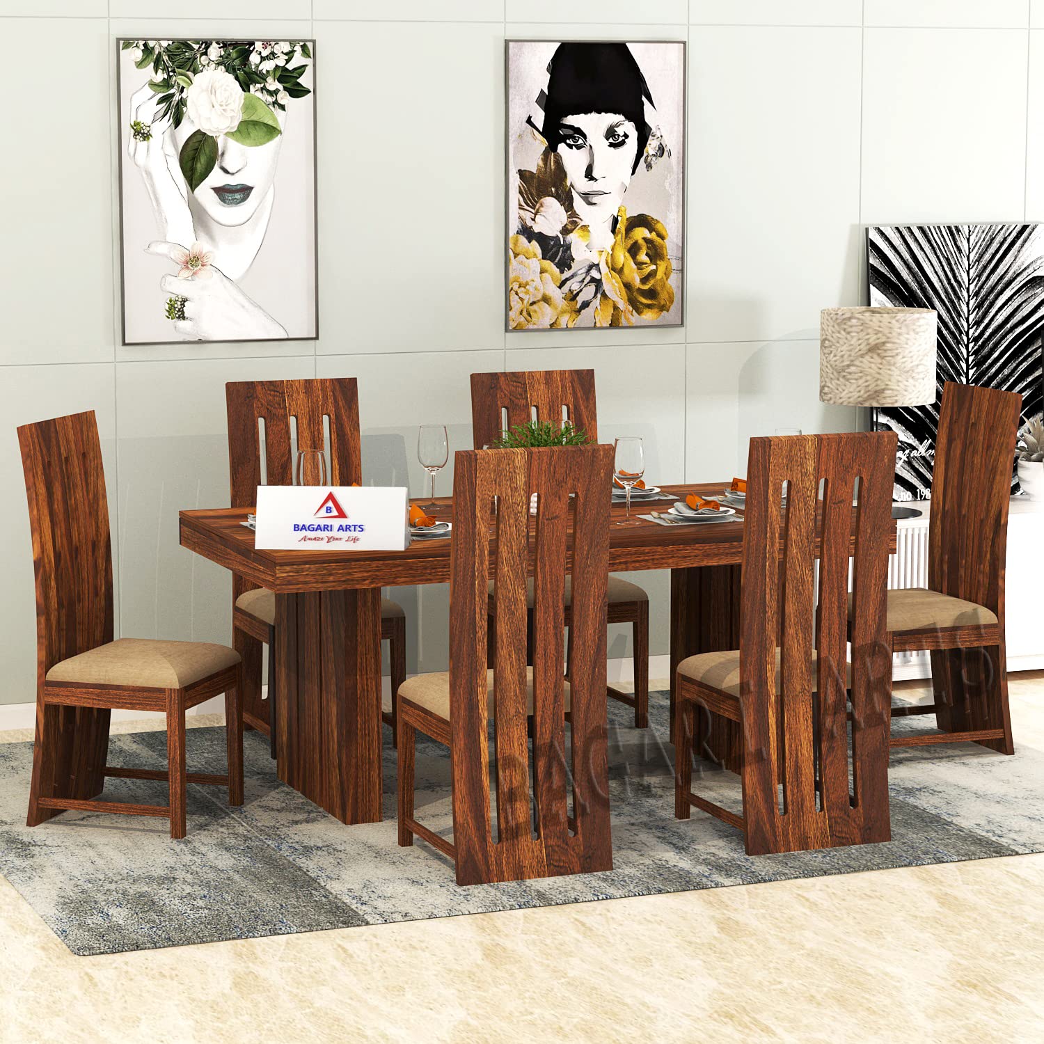 814Imh8OPyL._SL1500_.jpg Wooden Solid Sheesham Wood 4 Seater Dining Table with Chairs - Image 1