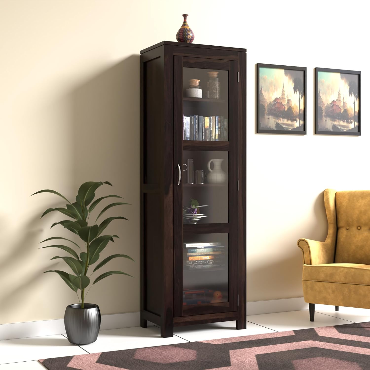 71qBlskI8SL._SL1500_.jpg Wood Book Shelf with Glass Door, Bookshelf for Home Library, Crockery Cabinet, Kitchen Crockery Cabinet Storage, Dining Room Furniture, Books Rack,Book Stand,BookCases,Shelves, Walnut - Image 1