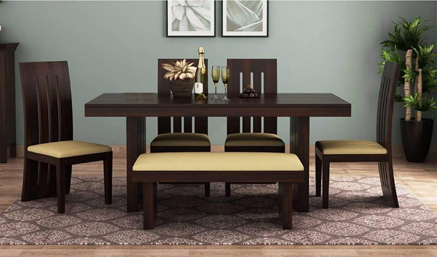 61klYszaoUL._SL1500_.jpg Sheesham Wood 6 Seater Dining Table with 4 Chair 1 Bench for Living Room Home Dining Room Set Furniture (Walnut Finish) - Image 1