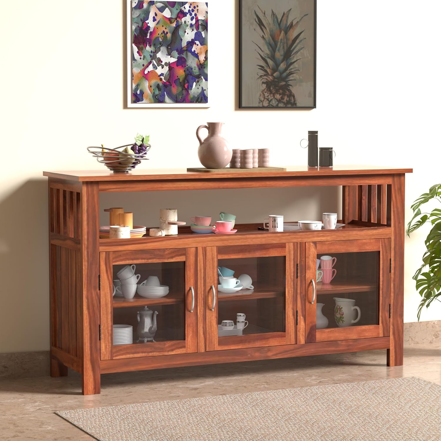 81mzzlFIRQL._SL1500_.jpg Modern Kitchen Cabinet, Premium Kitchen Furniture,1 Open Shelves & 3 Door Multi-Function, Dust-Proof, Cabinet Visible Doors with Drawer Utensil Holder, For Crokery & Decor For Kitchen & LivingRoom - Image 1