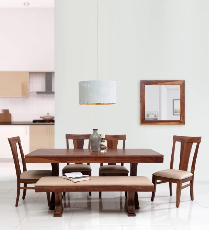 Sheesham wood 6 seater dining table with 4 chairs and bench, natural brown finish