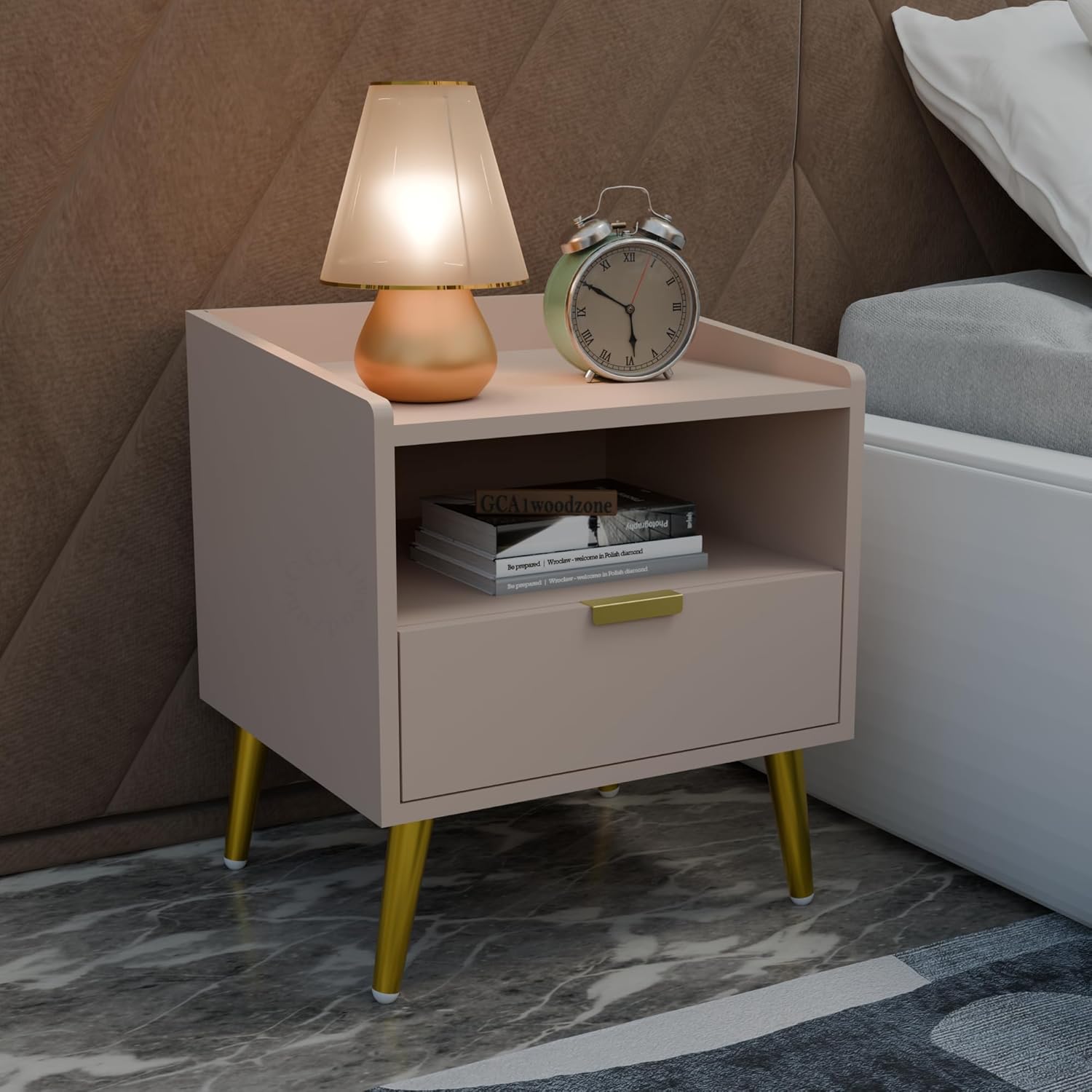 71N-12vL-jL._SL1500_.jpg Wooden Bedside Table for Bedroom | Wooden Bed Side Nightstand Lamp Table with 1 Drawers & Open Shelf Storage for Home & Hotels | HDMR Premium Wood & Iron Legs, Light Beige (Pack of 2) - Image 1