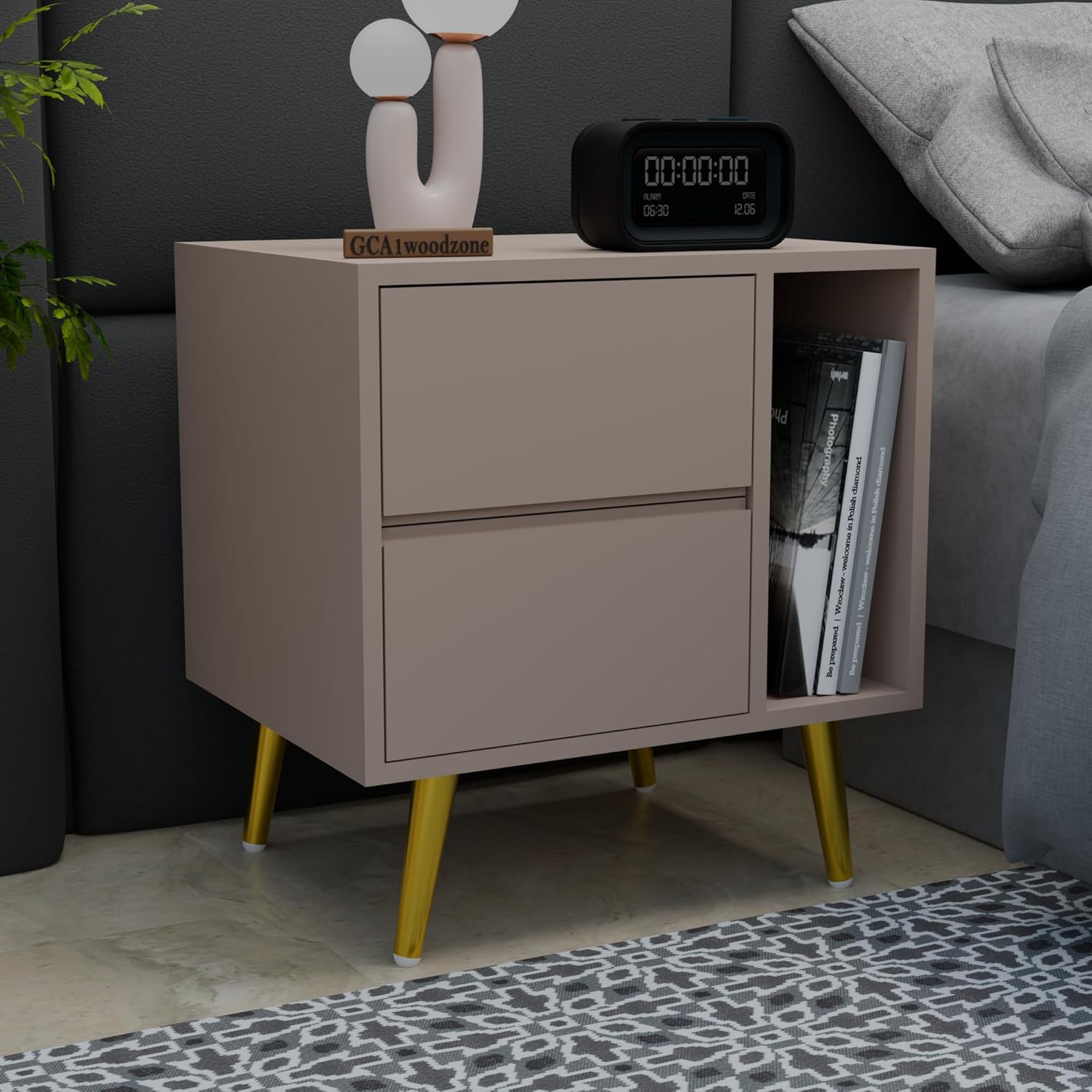 81dsAZPMy2L._SL1500_.jpg Wooden Bedside Table for Bedroom | Wooden Bed Side Nightstand Lamp Table with 2 Drawers & Open Shelf Storage for Home & Hotels | HDMR Premium Wood & Iron Legs, Light Beige (Pack of 2) - Image 1