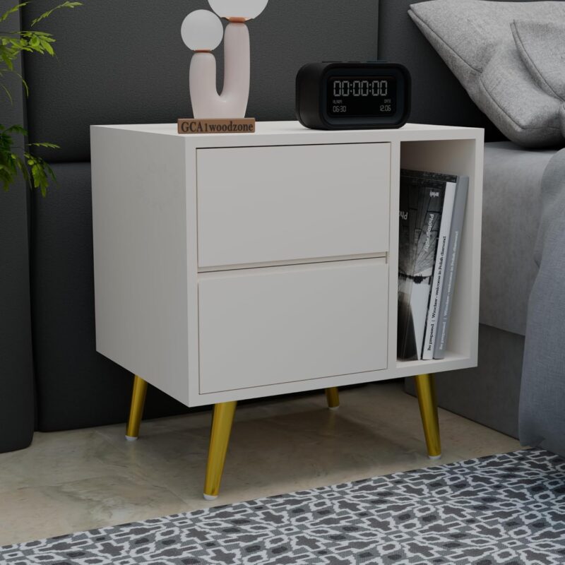 Wooden bedside table with drawers and open shelf storage for bedroom