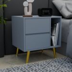 Wooden Bedside Table for Bedroom | Wooden Bed Side Nightstand Lamp Table with 2 Drawers & Open Shelf Storage for Home & Hotels | HDMR Premium Wood & Iron Legs, Matte Slate Blue