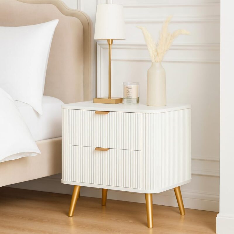 wooden bedside table with 2 drawers white finish