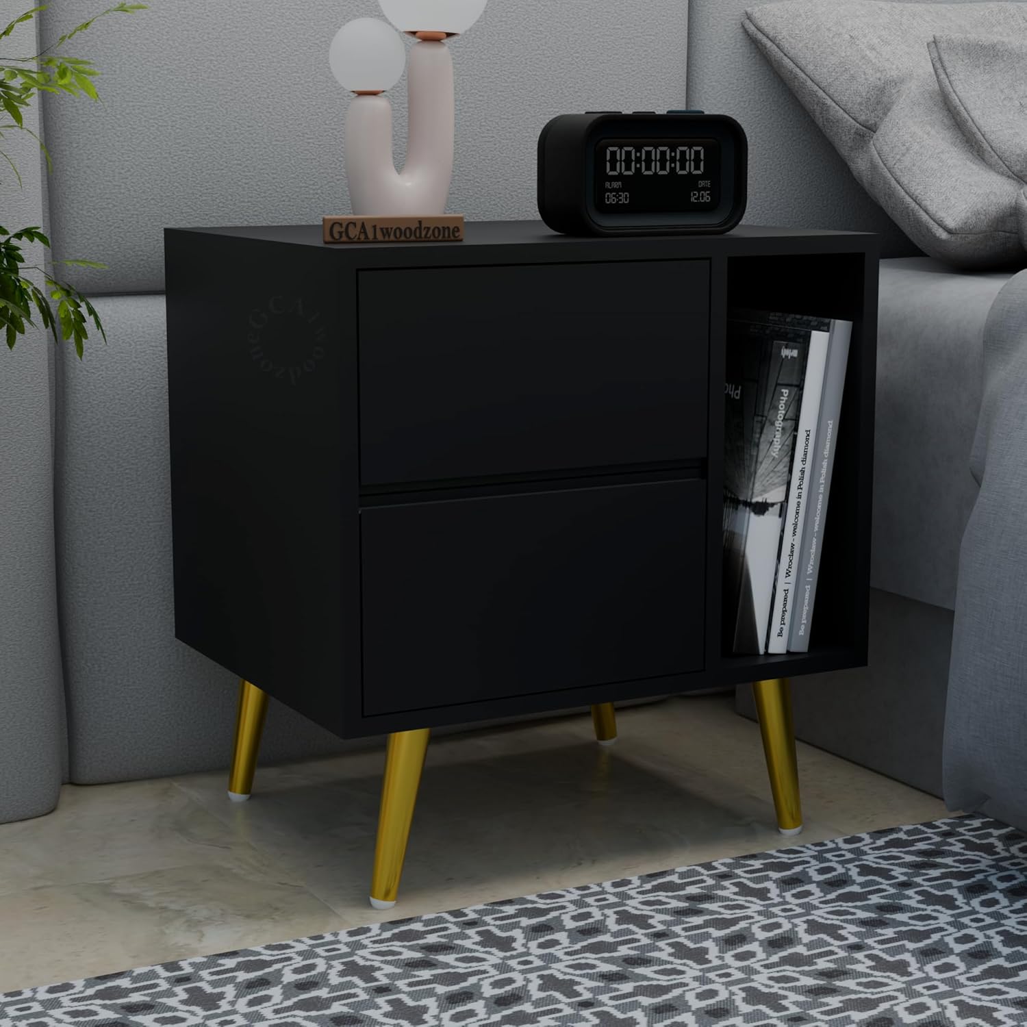 81Wb1AWCBFL._SL1500_.jpg Wooden Bedside Table for Bedroom | Modern Bed Side Nightstand with 2 Drawers & Shelf Storage | Lamp Table for Living Room, Home & Hotels | HDMR Wood with Iron Legs | Black (Set of 2) - Image 1