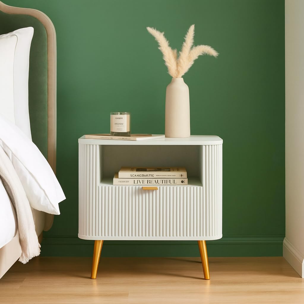 51ZmDmxv-jL._SL1024_.jpg Wooden Bedside Table for Bedroom | Wooden Bed Side Nightstand Lamp Table with 1 Drawers & Open Shelf Storage for Home & Hotels | HDMR Premium Wood & Iron Legs, White - Image 1