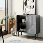 Prism Pattern Wooden Sideboard Cabinet | 2 Door Storage Unit with Metal Legs | Premium HDMR Wood Console Cabinet for Living Room, Kitchen & Dining | DIY Leg Assembly | Grey - Image 2