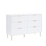 Wooden Chest of Drawers | 6 Drawer Dresser Storage Cabinet for Bedroom & Living Room | Modern Sideboard Console Table | Multipurpose Organizer | Premium HDMR Wood & Iron, White & Golden - Image 4