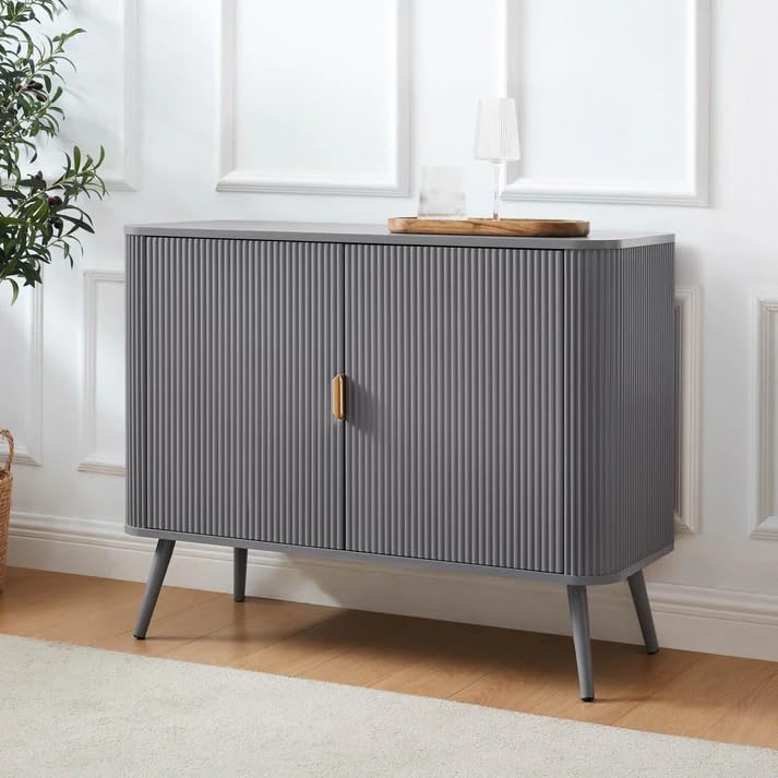 514quWYjyYL.jpg Wooden Sideboard Cabinet for Living Room | Side Board Crockery Cabinet with 2 Doors Storage for Dining, Drawing and Home Office | HDMR Premium Wood & Iron, Light Grey - Image 1