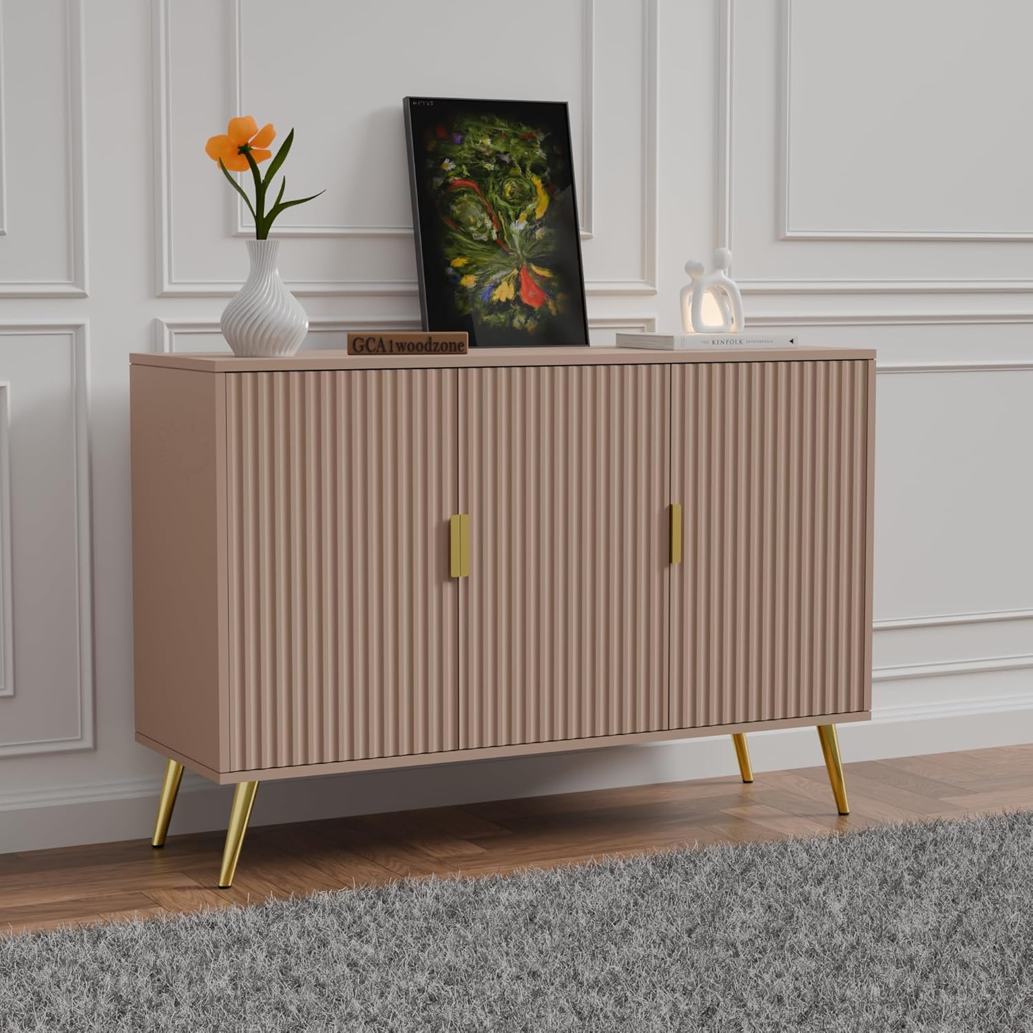 81JwqfCMZNL._SL1500_.jpg Wooden Sideboard Cabinet for Living Room | Side Board with 3 Doors Cabinet Storage for Dining, Drawing and Home Office | HDMR Premium Wood & Iron, Taupe & Golden - Image 1