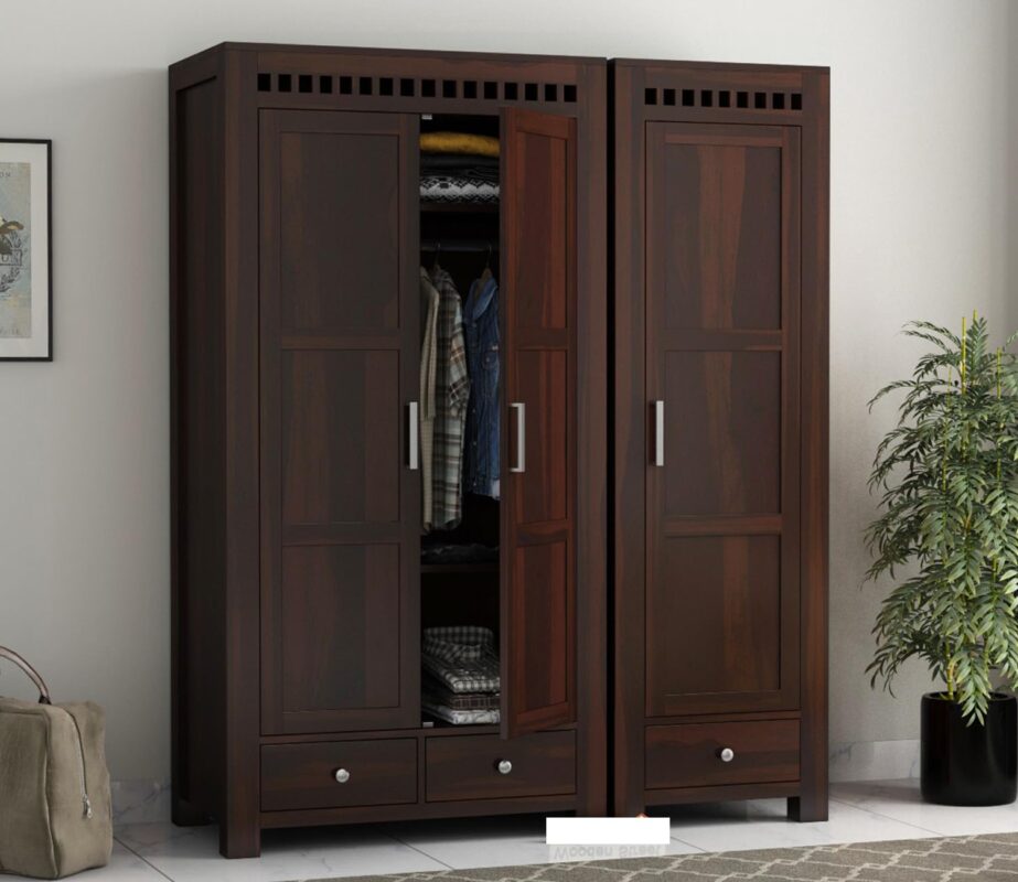 Solid sheesham wood 3 door wardrobe in walnut finish for bedroom storage