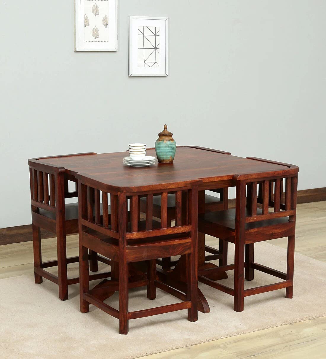 61owHiFNS5L._SL1210_.jpg Sheesham Wood 4 Seater Dining Table Set | Honey Oak Finish - Image 1