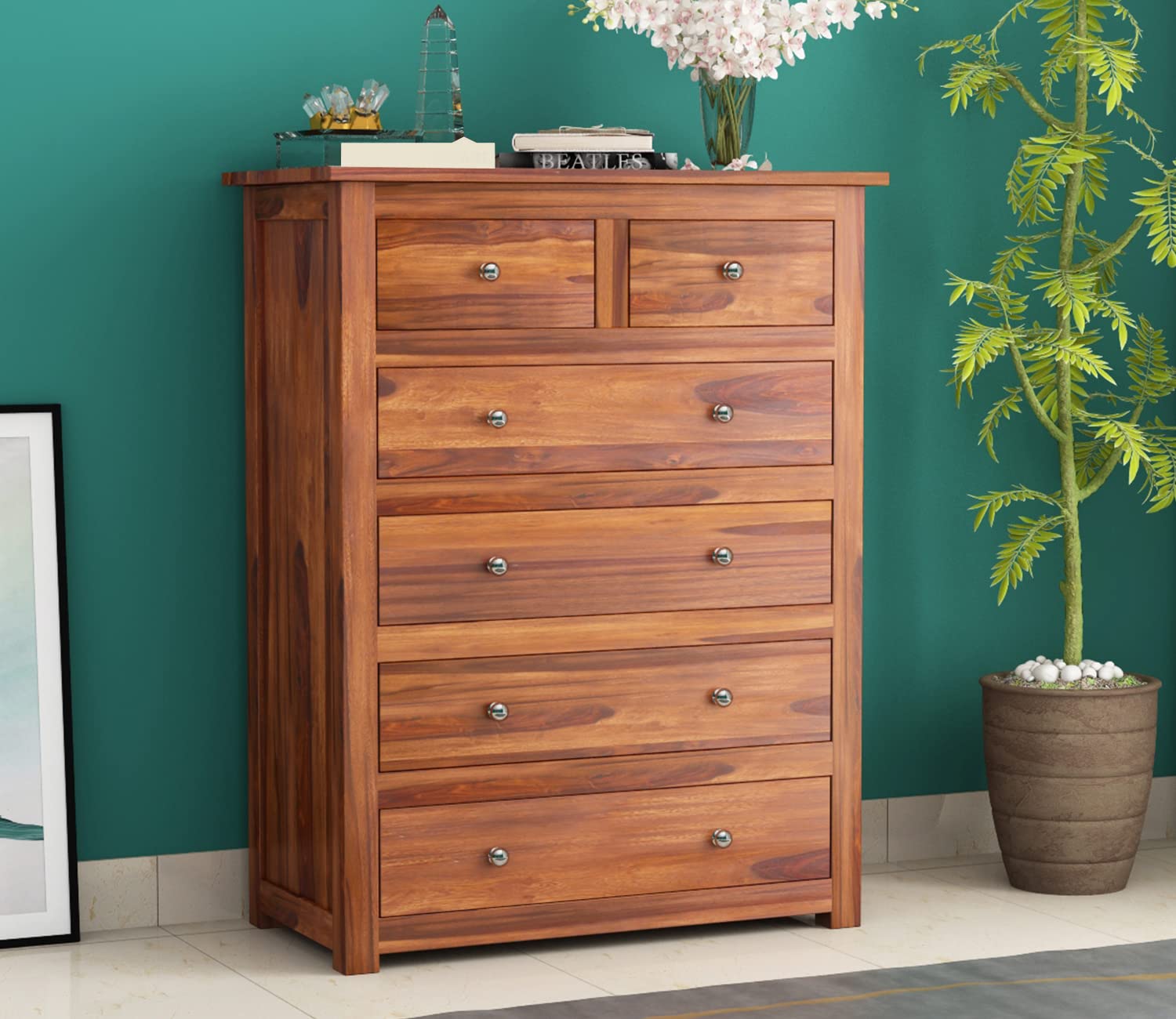 71l-JqiSoGL._SL1500_.jpg Wooden Chest of Drawers | Console Cabinet for Bedroom, Living & Drawing Room | Multipurpose Storage Dresser with 6 Drawers | Sideboard Cabinet | Solid Wood Sheesham | Honey - Image 1