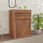 Sheesham wood inverter battery cabinet honey finish wooden trolley
