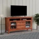 Sheesham Wood TV Stand with 2 Door and 2 Drower and Shelf Storage Entertainment Unit Tv Cabinet for Living Room Home (Natural Finish)