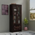 Sheesham Wood Bookshelf with Glass Door for Home Library Solid Wood Bookcase Wooden Crockery Cabinet for Kitchen Book Shelf (Walnut Finish)